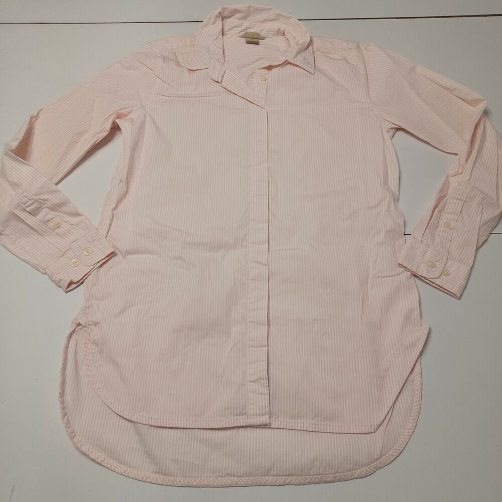 Duluth Womens S Button Front Shirt Pink White Vertical Long Sleeve Stripe Collar